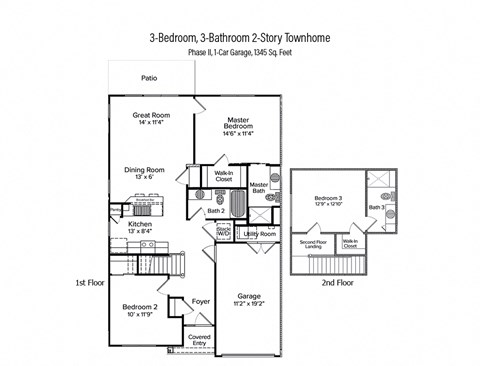 2-D floor plan of a 3-bedroom, 3-bathroom 2-story townhome in Phase II with 1-car garage & private patio (1345 square feet)